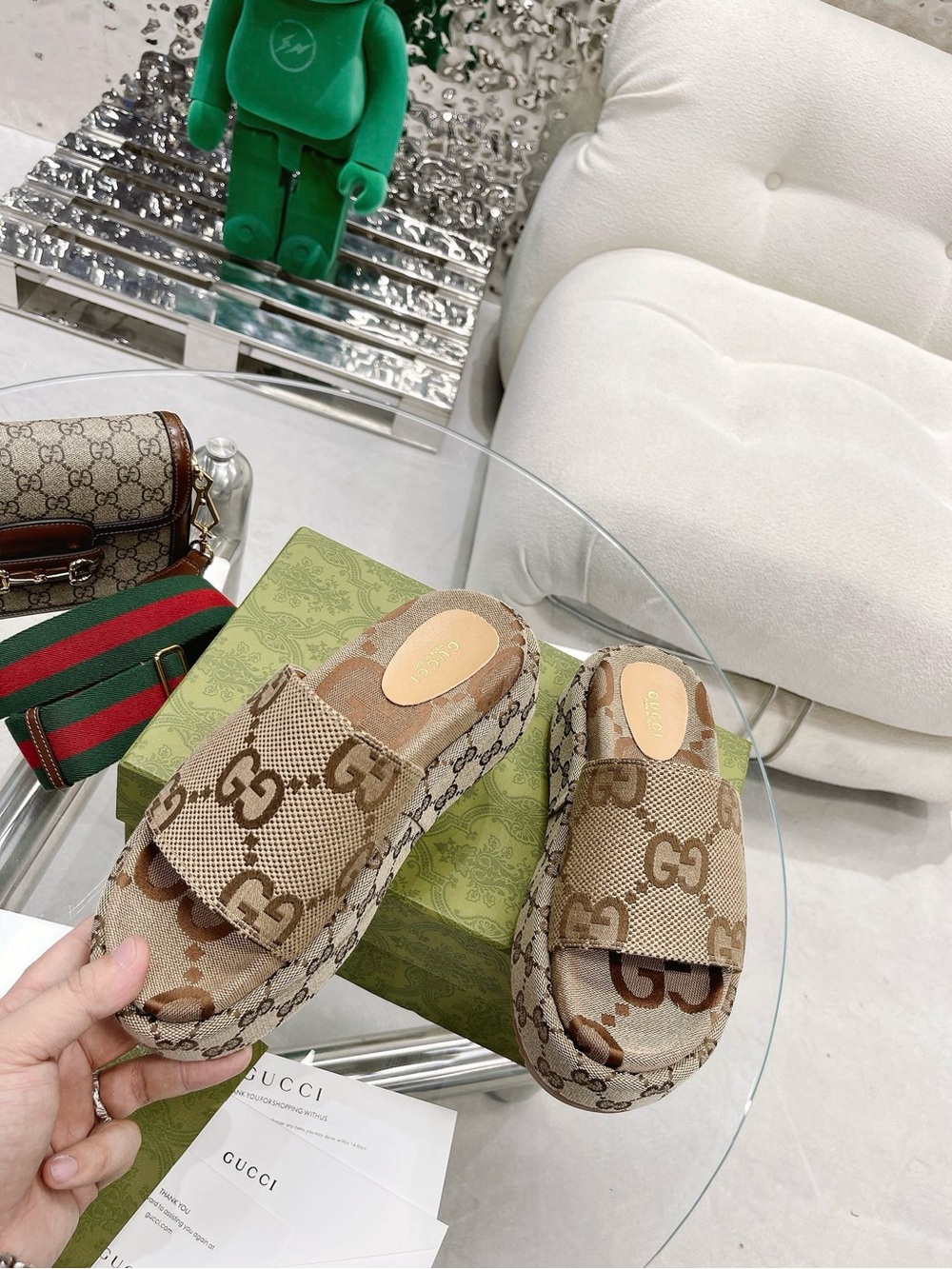 Gucci GG Supreme Platform Slide Sandals Beige Monogram